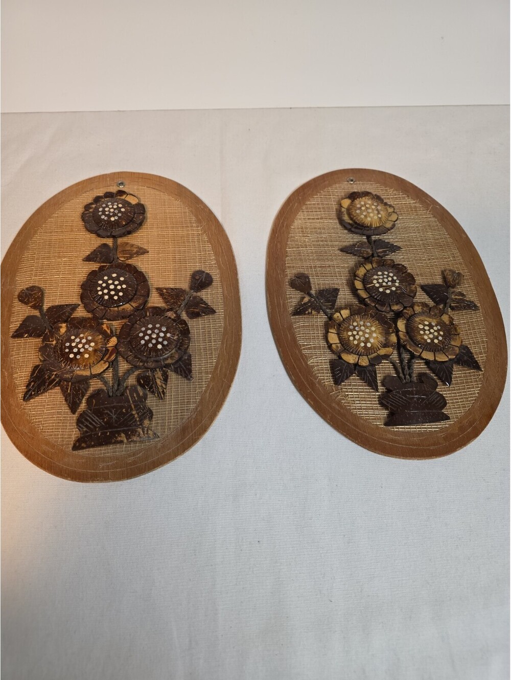 Rattan & Coconut Shell Hand Carved Oval Wall Plaque Boho Flower Set Of 2 Vintage